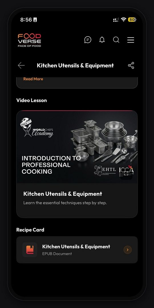Online culinary lesson with video and eBook in FV Learning